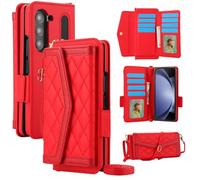 Konstreet for Samsung Galaxy Z Fold 7 Wallet Case - Stitching Pattern RFID Blocking Card Holder, S Pen Slot Crossbody Strap, Full Body Protection Flip Cover for Women Red