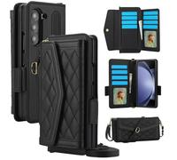 Konstreet for Samsung Galaxy Z Fold 7 Wallet Case - Stitching Pattern RFID Blocking Card Holder, S Pen Slot Crossbody Strap, Full Body Protection Flip Cover for Women Black