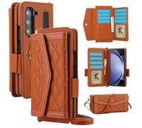 Konstreet for Samsung Galaxy Z Fold 7 Wallet Case - Stitching Pattern RFID Blocking Card Holder, S Pen Slot Crossbody Strap, Full Body Protection Flip Cover for Women Brown