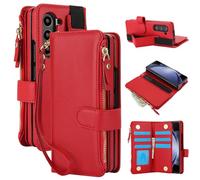 Konstreet for Samsung Galaxy Z Fold 7 Wallet Case with Card Holder and Cash Slot Zipper Pocket Wristband RFID Blocking Stylish Cover S Pen Holder Magnetic Clasp Stand, Red