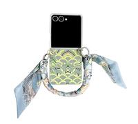 Konstreet for Samsung Galaxy ZFlip 7 Auspicious Cloud Embroidery All-Inclusive Mobile Phone case with Scarf/Bracelet Exquisite Embroidery Pattern Green
