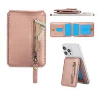 Konstreet for Strong Magnetic PU Leather Zip Wallet Compatible with MagSafe Any Phone Case and Device with 3 Card Slots and 1 Zipper Cash Slot Stand and RFID Blocking, Rose Gold