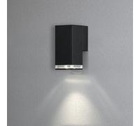 Konstsmide Handmade Outdoor Wall Light Mains Powered/Pollux Single Down Modern Lantern/1x7 Watt Max GU10 Lamp/Clear Acrylic Glass Lens/Aluminium/IP44/Black Outside Light