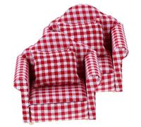KONTONTY 2pcs Red and White Plaid Miniature Wooden Single Sofa Pillows Mini Couch Armchair for Doll House Living Room Decor and Playtime