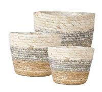 KONTONTY 3pcs Woven Plant Baskets for Indoor and Outdoor Use, Hand-made Straw Flower Pots Set Including Small, Medium and Extra Small Sizes, Decorative Planter Baskets for Home Garden
