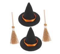 KONTONTY 4pcs Mini Witch Hat and Natural Straw Broom Set Tiny Halloween Craft Hats and Dollhouse Accessories Mini Brooms for Halloween Party Decoration