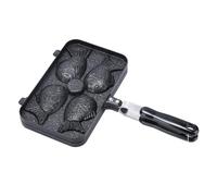 KONTONTY Fish Shaped Cake Pan with Long Handle, Non Stick Aluminum | Double Sided 4 Grid Design, Stovetop Baking for Japanese Pancakes and Fillings, Black Finish