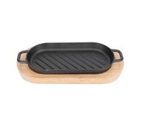 KONTONTY Grill Pan for Steak Steak Grill Plate 1 Set Rectangular Black Iron Plate with Wooden Tray for Party Cooking and Keeping Food Hot