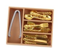 KONTONTY Realistic Dollhouse Miniature Silverware with Plastic Knife Fork Spoon Tongs and Brown Storage Holder Childsafe Educational Kitchen Utensils for Pretend Play and Table Manners
