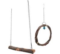 KONTONTY Swing Bell Natural with Bird Shape Wooden Ring Braided 2pcs Wood and Hanging Hook, Coffee Color to Develop Intelligence and Climb Parakeet and Cockatiel
