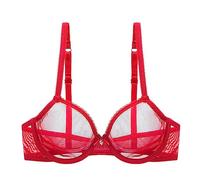 Kontvom Women’s Sexy Lace Bra Sheer See Through Unlined Underwire Bras Mesh Non Padded Ultra Thin Clear Bralette Red 34D