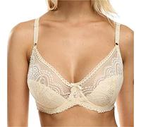 Kontvom Women's Lace Bra Unlined Underwire Sheer Bras See Through Full Coverage Unpadded Bra 34C Beige