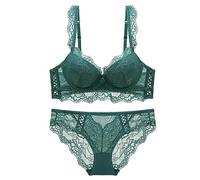Kontvom Women's Sexy Lightly Padded Push up Eyelash Lace Comfort Bra and Panty Set Green 38D