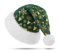 KONVINIT Green Christmas Hats Adult,Deluxe Santa Hat Santa Claus Hat Father Christmas Hat with Patterns of Christmas Trees,Snowflakes,Xmas Elf Hat for Men and Women,Green