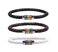 Konxi 3 Pcs Black Braided Leather Bracelet Gay Pride PU Bracelet LGBT Leather Bracelets White/Brown/Black PU LeatherBracelets Classic Braided Black Braceles for Men Women