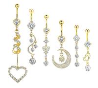 Konxi 6 Pcs Gold/Silver 14G Belly Ring Set Stainless Steel Barbell Navel Bars Piercing Jewellery Hypoallergenic Belly Button Ring Set Surgical Steel Belly Button Piercing (Gold)