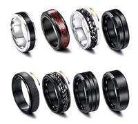 Konxi Men Stainless Steel Spinner Rings 8Pcs Spinner Rings for Anxiety Black Twisted Chain Ring Spin Ring Black Set Gift for Father's Day (U-1/2)