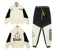 KONZDE 24S Couple Suit RHU American High Street Fashion Brand Coconut Tree Peace Dove Stitching Contrast Color Hip Hop Trend Casual Autumn Jacket + Cuff Overalls-style3||XL