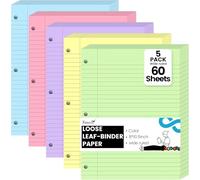 Koogel 300 Sheets Loose Leaf Paper, College Ruled Binder Paper Colorful Office Filler Paper 3-Ring Binders for School Office 8x10.5inch 5 Colors
