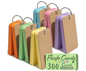 Koogel 300PCS Flash Cards with Key Ring, Colored Index Cards for School, 2.2 x 3.5 Inch, Small Portable Notecard for Studying Nursing Classroom Office Home Note Taking To Do List Essentials, 6 Colors