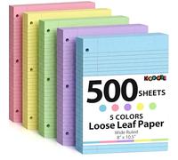 Koogel 5-Color Loose Leaf Paper, 500 Sheets Wide Ruled, 8 x 10.5 Inch, 3-Hole Punched for 3-Ring Binders, Perfect Notebook Paper Filler for Note-Taking, Ideal for Back to School Student & Professional