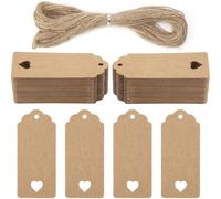 Koogel Brown Kraft Gift Tags 120 PCS with Jute String, Heart Cut-Out Blank Labels 9x4 cm for Wedding, Birthday, DIY Crafts, Retail Price Tags, Shop Decor