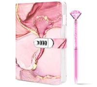 Koogel Diary with Lock, A5 PU leather Journal with Lock 120 Sheets Password Locked Travel Notebook with Crystal Diamond Pen Pink