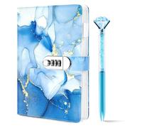 Koogel Diary With Lock Password Book A5 Lockable Journal 120 Sheets Blue Marble PU Leather With Matching Pen for Teen Gift Student