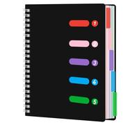 Koogel Ruled Spiral Journal Notebook, 28x21.6 cm with Dividers & Waterproof Cover, 5 Subject Notebook for School Note Taking & Office, Black