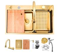 KOOGIDDR 68 x 45 cm Nano Stainless Steel Sink, Golden Kitchen Sink, Multifunctional Bar Sink, 1 Basin, Built-in Sink, Kitchen Sink with Accessories such as Extendable, Sink Kitchen with 5 Tap Holes