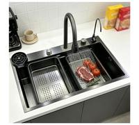 KOOGIDDR 85 x 45 cm Stainless Steel Sink, Black-Grey Kitchen Sink, Rectangular Waterfall Sink, 1 Basin, Sink Installation from Top with Tap Set, Kitchen Sink Complete Set with Glass Washer
