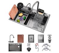 KOOGIMDDR 1 Waterfall Kitchen Sink, 80 x 50 cm, Stainless Steel, Rectangular, Undermount, Black-gray-z