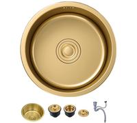 KOOGIMDDR 40 x 40 cm Round Sink, Stainless Steel Sink, Gold Preparation Sink, Diameter 400 mm, Built-in Sink, Built-In Sink, Kitchen Sink with Gold Drainer