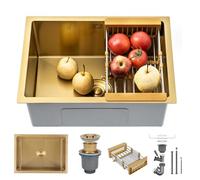 KOOGIMDDR 55 x 40 cm Gold Prep Sink Mini Trumpet Stainless Steel Multifunctional Kitchen Essential Single Bowl Sink with Gold Drainer and Mounting Components, with Drain Basket Undermount or Drop-In