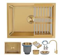 KOOGIMDDR 55 x 40 cm Gold Prep Sink with Tap Undermount Stainless Steel Multifunctional Kitchen Essential Single Bowl Sink with Gold Drainer and Mounting Components, with Drain Basket