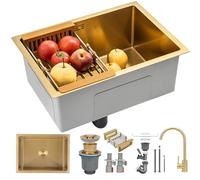 KOOGIMDDR 60 x 40 cm Gold Prep Sink with Tap Undermount Stainless Steel Multifunctional Kitchen Essential Single Bowl Sink with Gold Drainer and Mounting Components, with Drain Basket