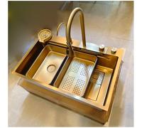 KOOGIMDDR 65 x 50 cm Gold Kitchen Sink, with Waterfall Tap, Kitchen Sink, Stainless Steel, Rectangular Installation from Top with Cup Washer, Removable Basin, Chopping Board