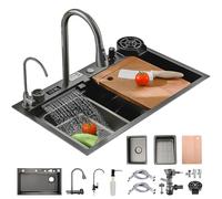 KOOGIMDDR 68 x 45 cm Kitchen Sink, Stainless Steel, Rectangular, Waterfall Sink Drainage Left, Kitchen Sink with Tap Hole and Overflow, Siphon, Multifunctional Bar Sink, Kitchen Workstation