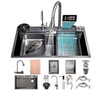 KOOGIMDDR 70 x 50 cm Large Size Waterfall Sink, 1 Basin Made of Bar Sink, Multifunctional Bar Sink, Kitchen Sink for Workplace, for Home Use, Glass Washer and Drain Baskets