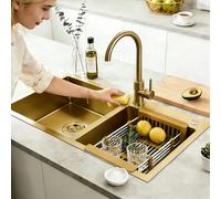 KOOGIMDDR 75 x 40 cm Golden Kitchen Sink, Double Bowl Kitchen Sink, Nano-Coated 304 Stainless Steel, Bar Sink with Golden Sink Plug and Drain Strainer, Can be Installed or Undermountable
