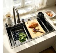 KOOGIMDDR 75 x 45 cm Kitchen Sink, Stainless Steel, Rectangular, Waterfall Sink Drainage Left, Kitchen Sink with Tap Hole and Overflow, Siphon, Multifunctional Bar Sink, Kitchen Workstation