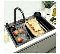 KOOGIMDDR 75 x 45 cm Kitchen Sink, Stainless Steel, Rectangular, Waterfall Sink Drainage Left, Kitchen Sink with Tap Hole and Overflow, Siphon, Multifunctional Bar Sink, Kitchen Workstation