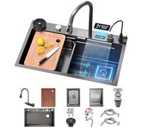 KOOGIMDDR - 75 x 45 cm LED Kitchen Sink with Waterfall Tap, Stainless Steel Kitchen Sink for Home Use with Pressure Washer, Chopping Board, Dish Drainer and Accessories