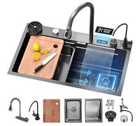 KOOGIMDDR 75 x 45 cm Stainless Steel Kitchen Sink With Waterfall Nano Coating and 3-in-1 Pull-Out Tap, Multifunctional Single Bowl, Cutting Board and Cup