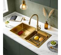 KOOGIMDDR 80 x 45 cm Golden Kitchen Sink, Double Bowl Kitchen Sink, Nano-Coated 304 Stainless Steel, Bar Sink with Golden Sink Plug and Drain Strainer, Can be Installed or Undermountable