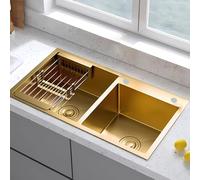 KOOGIMDDR 80 x 45 cm Golden Kitchen Sink, Double Bowl Kitchen Sink, Nano-Coated 304 Stainless Steel, Bar Sink with Golden Sink Plug and Drain Strainer, Can be Installed or Undermountable