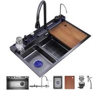 KOOGIMDDR 80 x 50 cm Multifunctional Stainless Steel Kitchen Sink - 2 Waterfall Water Sink, Pull-Out Tap, Large Kitchen Sink with Soap Dispenser, with Built-in Accessories