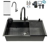 KOOGIMDDR 80 x 50 cm Stainless Steel Kitchen Sink with 1 Bowl Grey Black with Nano Stainless Steel Grill, Kitchen Sink with 3 Holes Dish Drainer Stand with Tap, with Soap Dispenser
