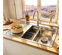 KOOGIMDDR 85 x 50 cm, black kitchen sink made of 304SUS stainless steel, 1 basin built-in sink, stainless steel rectangular kitchen sink, with draining board, drain fitting and overflow kit for the