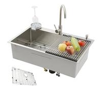 KOOGIMDDR 85x50 SUS304 Stainless Steel Multifunctional Handmade Kitchen Sink, with Floor Drain Grid, Large Single Bowl Kitchen Sink, with Tap and Various Accessories